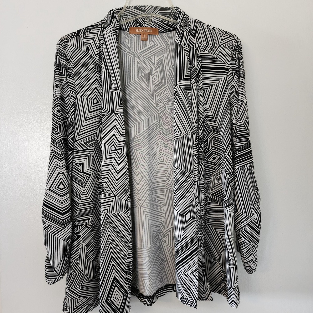 Black and White Geometric Pattern Long Sleeve Open Front Cardigan by Ellen Tracy